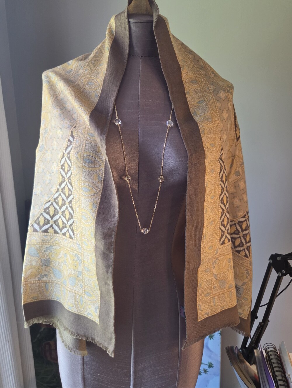 Authentic Etro Scarf Paisley Border Shawl in Gold and Olive